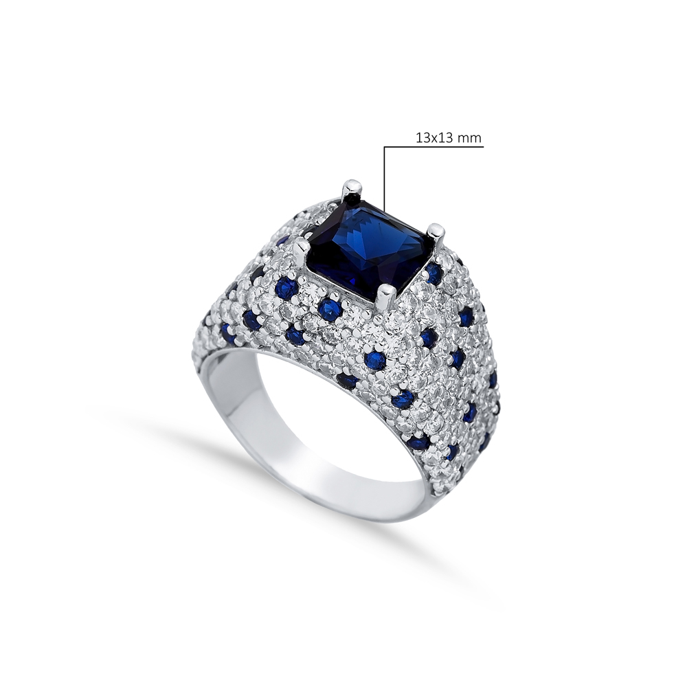 CZ Sapphire Square Stones Silver Cluster Ring