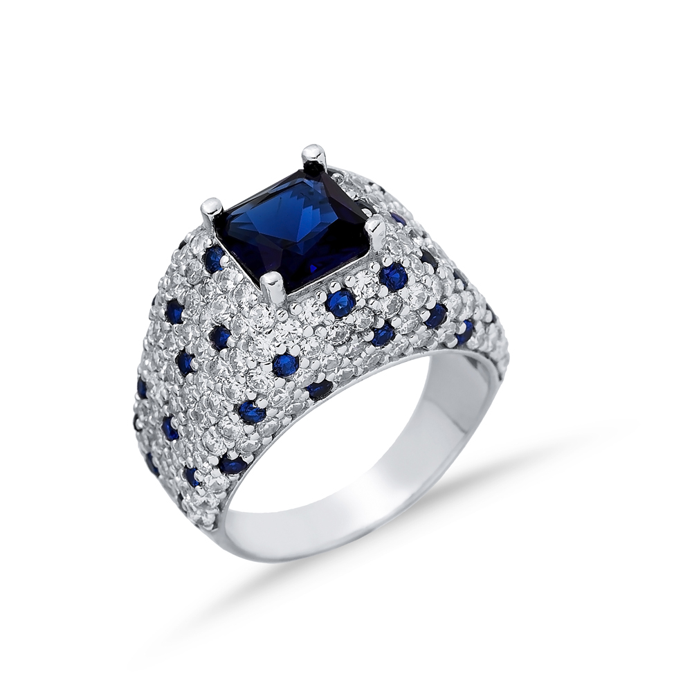 CZ Sapphire Square Stones Silver Cluster Ring