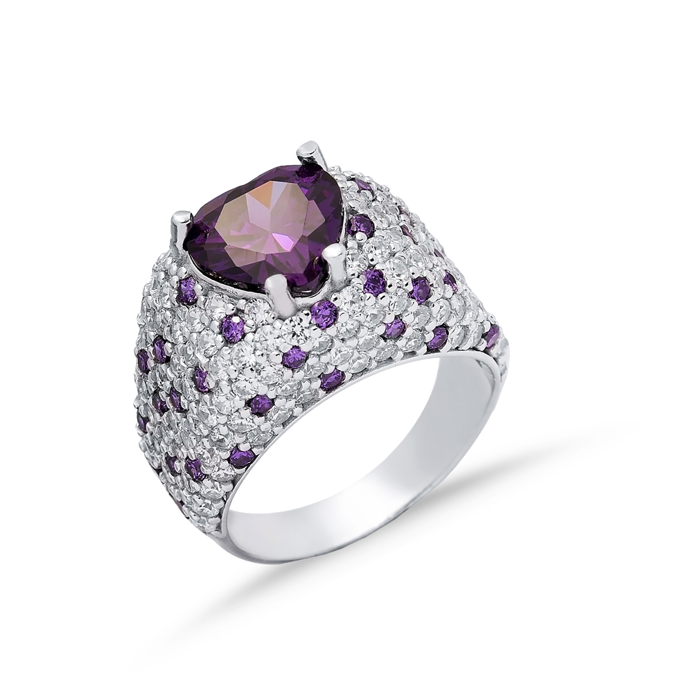 Amethyst CZ Heart Stones Cluster Ring