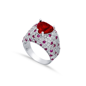 Ruby CZ Heart Stones Silver Cluster Ring