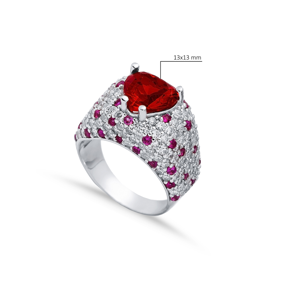 Ruby CZ Heart Stones Silver Cluster Ring