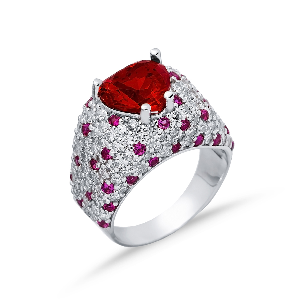 Ruby CZ Heart Stones Silver Cluster Ring