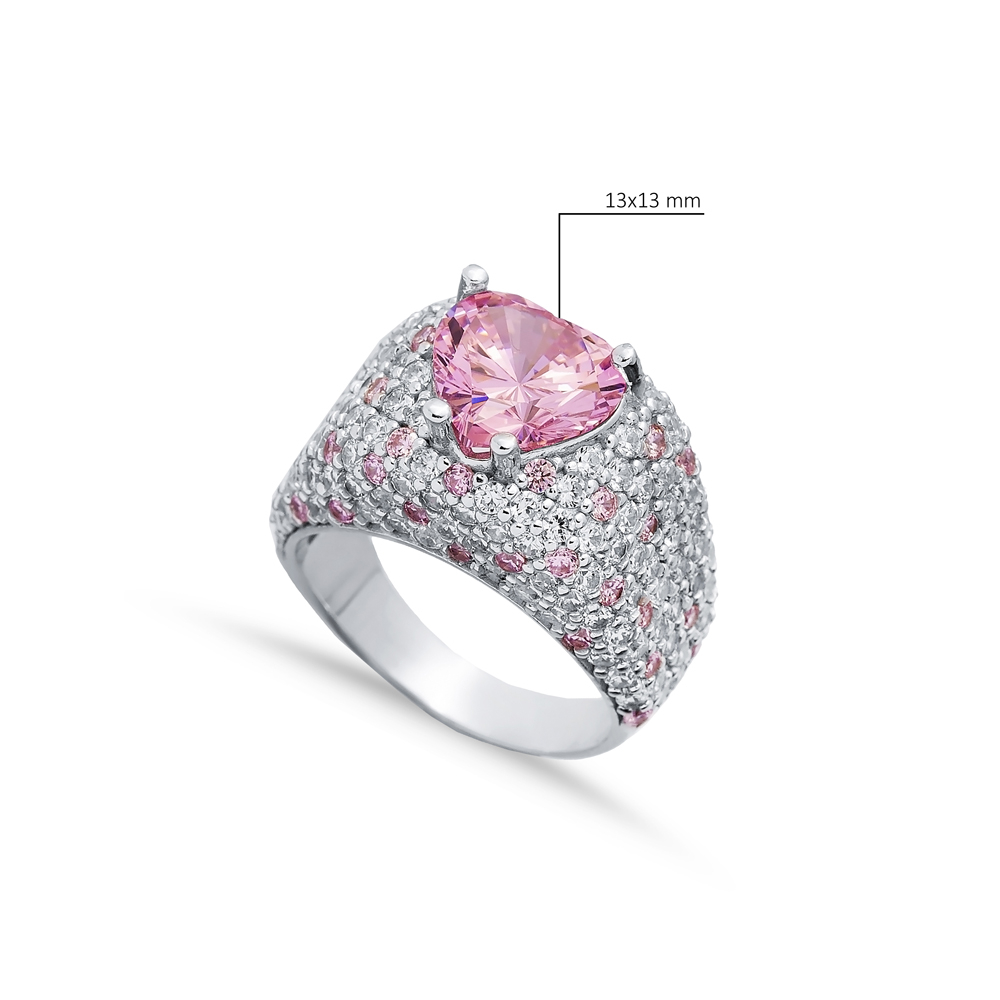 Heart Stones Pink Quartz CZ Silver Cluster Ring