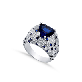 Silver Cluster Ring Heart Stones Sapphire CZ