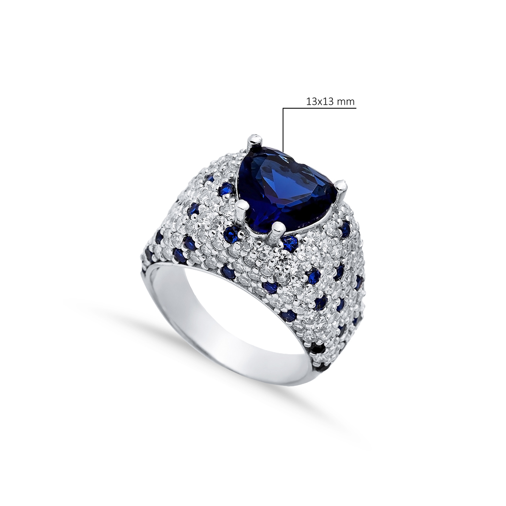 Silver Cluster Ring Heart Stones Sapphire CZ