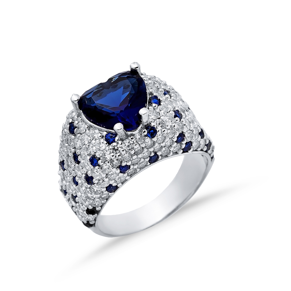 Silver Cluster Ring Heart Stones Sapphire CZ