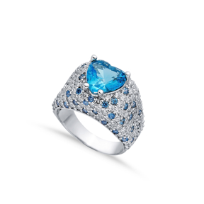 Aquamarine Heart Stones Silver CZ Cluster Ring