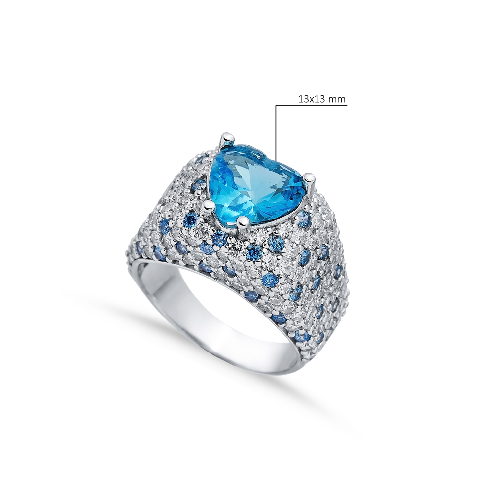 Aquamarine Heart Stones Silver CZ Cluster Ring