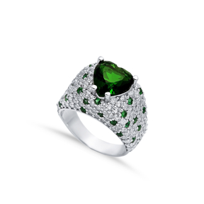 Emerald Heart CZ Stones Silver Cluster Ring