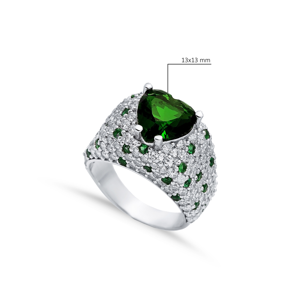 Emerald Heart CZ Stones Silver Cluster Ring