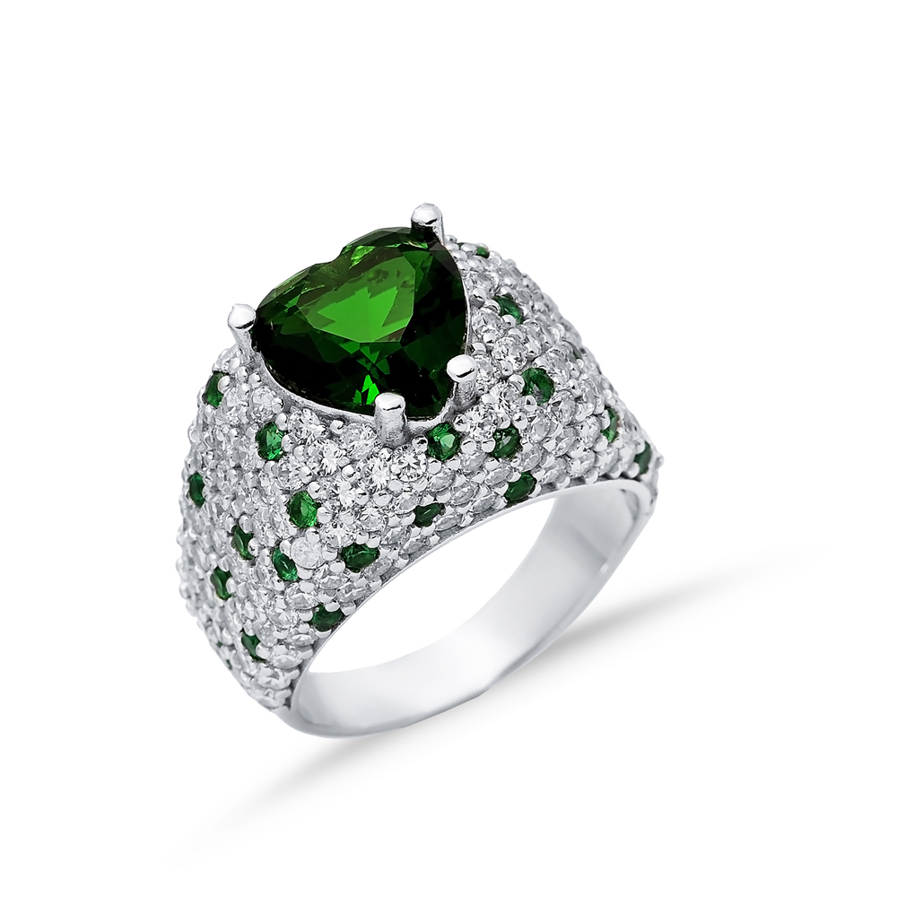 Emerald Heart CZ Stones Silver Cluster Ring