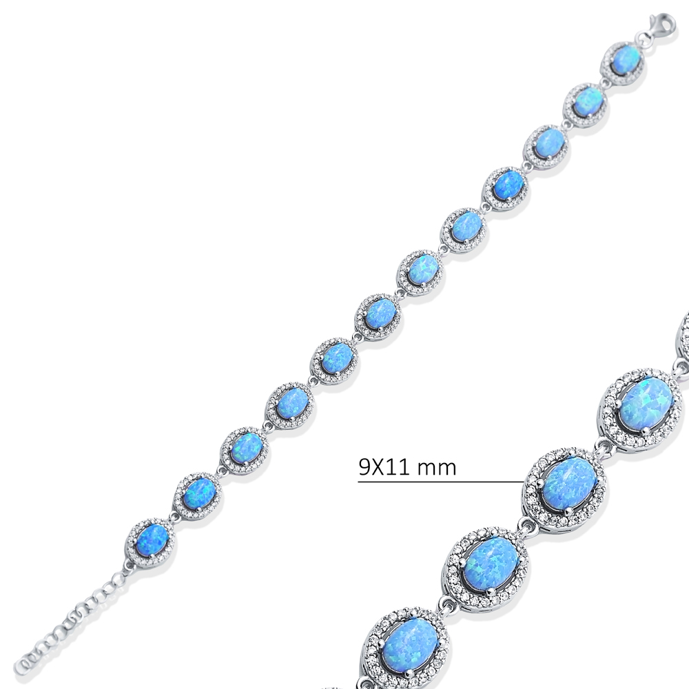 Opal Oval Shape CZ Silver Cluster Bracelet