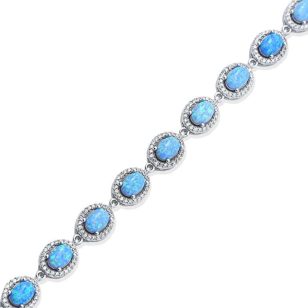 Opal Oval Shape CZ Silver Cluster Bracelet