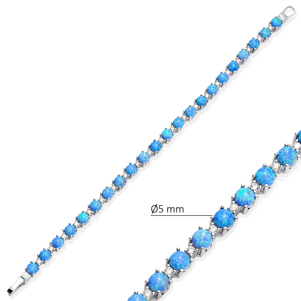 Round Opal CZ Stone Cluster Bracelet Silver