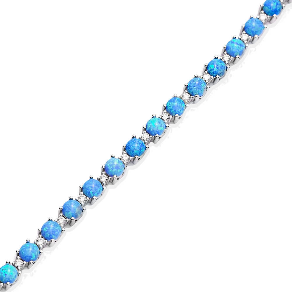 Round Opal CZ Stone Cluster Bracelet Silver