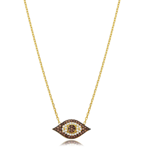 Brown Stone Eye Design Silver Charm Necklace