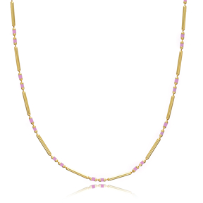 Pink Enamel Chain Necklace Silver Jewelry