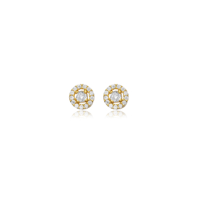 Round Design Minimal CZ Stone Silver Stud Earrings