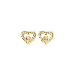 Minimalist Heart CZ 925 Silver Stud Earrings