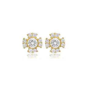 Cross Round CZ 925 Silver Stud Earring