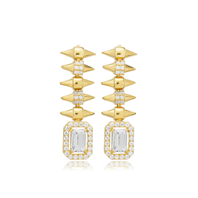 Spike Rivet Recktangle CZ Stud Long Earrings