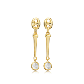Round CZ Long Bar Charm Dangle Earring