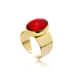 Oval Garnet CZ  Gold Bezel Silver Adjustable Ring