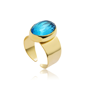 Oval Aquamarine CZ  Gold Bezel Silver Adjustable Ring
