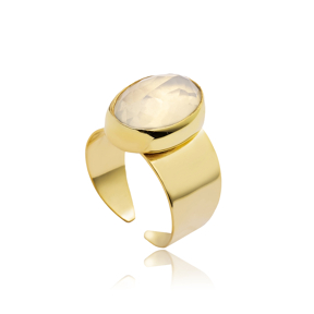 White Quartz Oval Gold Bezel Silver Adjustable Ring