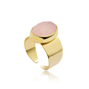 Pink Quartz Oval Gold Bezel Silver Adjustable Ring
