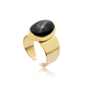 Oval Gold Bezel Silver Adjustable Ring