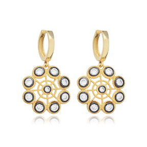 Flower Pattern Black İnk CZ Dangle Earring