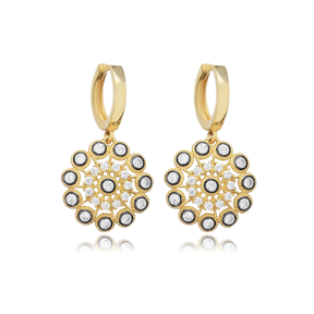 CZ Black İnk Flower Pattern Dangle Earring