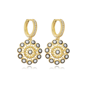 CZ Black İnk Flower Pattern Dangle Earring