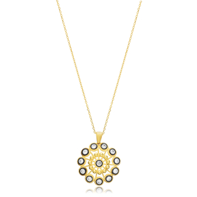 CZ Black İnk Silver Flower Charm Necklace