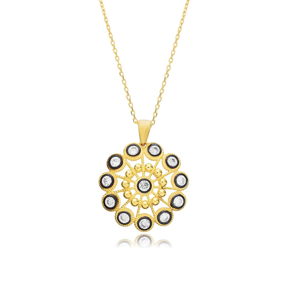 CZ Black İnk Silver Flower Charm Necklace