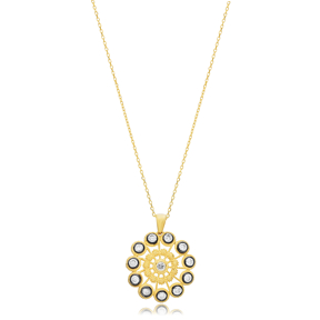 Gold Plated Sunburst CZ Charm Necklace 925