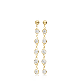 Dainty CZ Round Shape Stud Long Earrings
