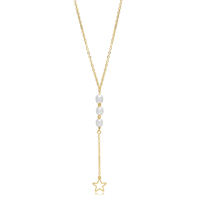 Star Design Pearl Pendant Silver Y Necklace
