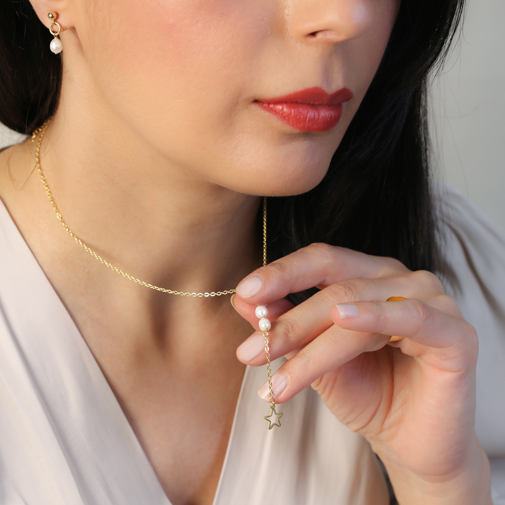 Star Design Pearl Pendant Silver Y Necklace