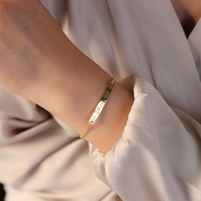 Flower Engraved Rectangle Charm Silver Bracelet