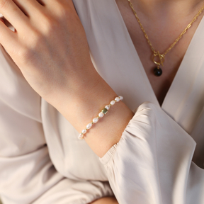 Square Charm Freshwater Pearl Silver Charm Bracelet