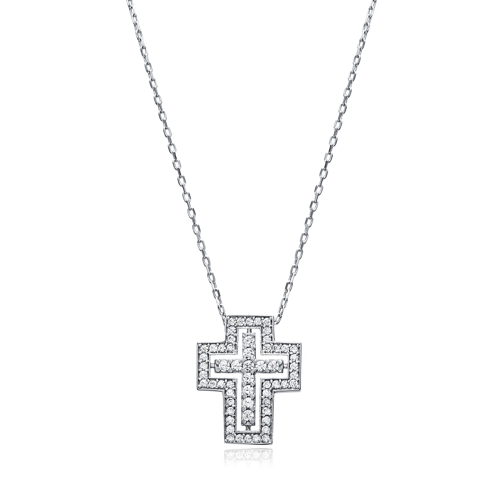Cross Design CZ Stone Charm Necklace