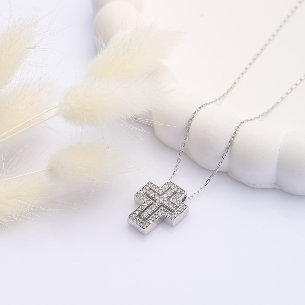 Cross Design CZ Stone Charm Necklace