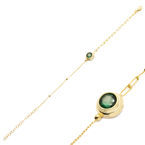 Round Emerald CZ Silver Charm Bracelet