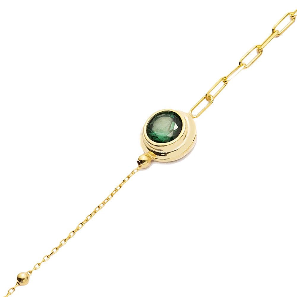 Round Emerald CZ Silver Charm Bracelet