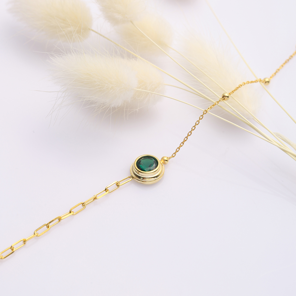 Round Emerald CZ Silver Charm Bracelet