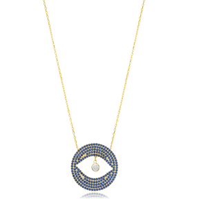 Sapphire CZ Eye Shape Round Charm Necklace
