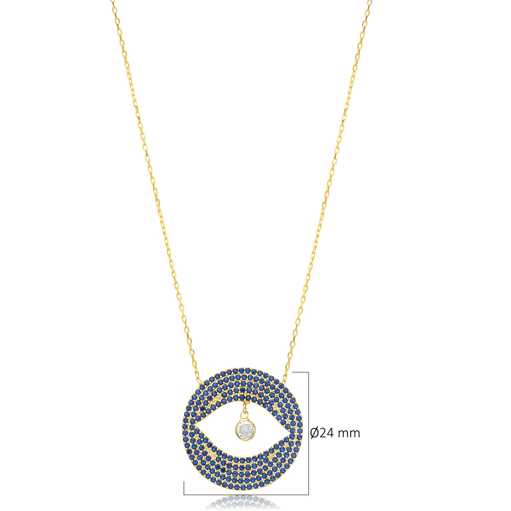 Sapphire CZ Eye Shape Round Charm Necklace