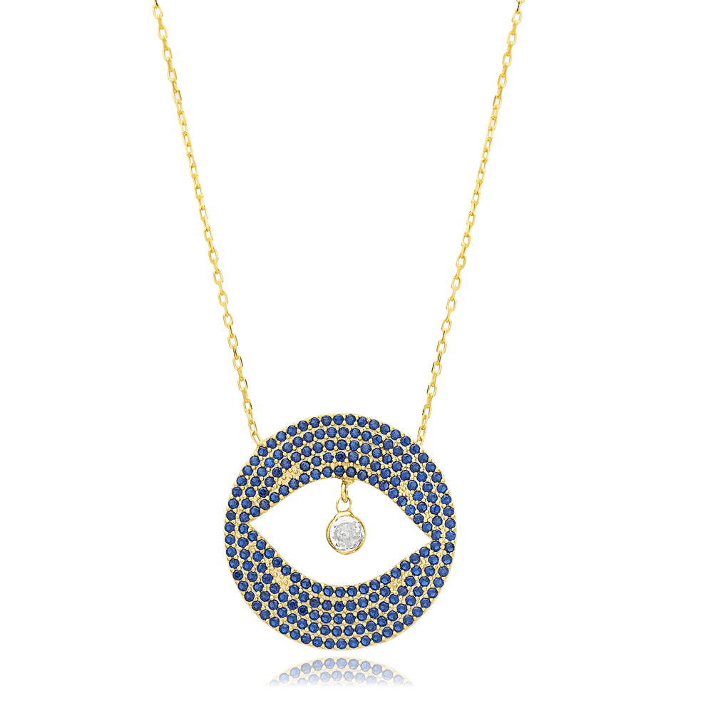 Sapphire CZ Eye Shape Round Charm Necklace